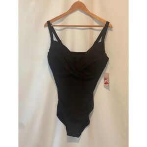 Lands End Womens Black Twist Front One Piece Swimsuit Size 16 D Lycra Xtra Life